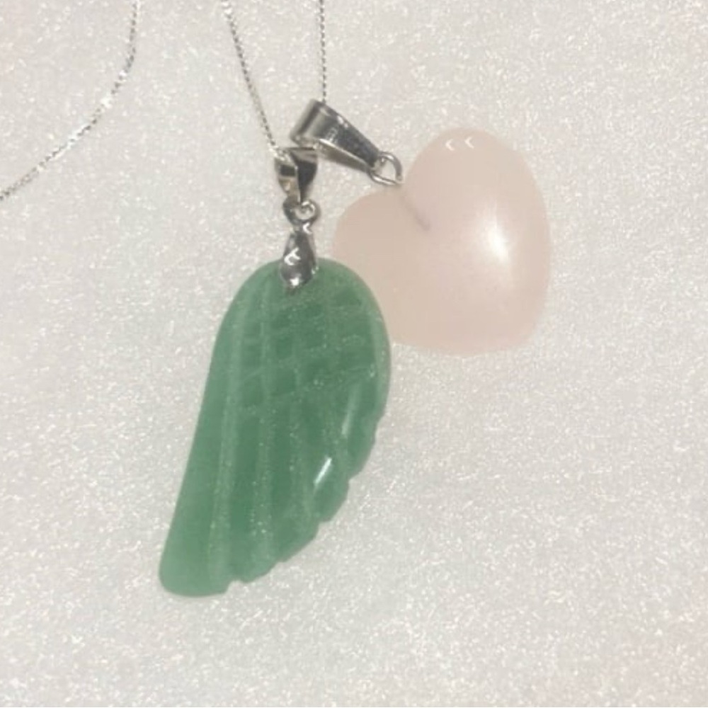Boho hippie Jade Angel Wing and Rose Quartz Crystal Heart Silver Necklace 16”